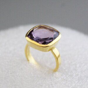 Handmade Amethyst Gold Polish Ring: Gemstone statement Ring, Open Bezel